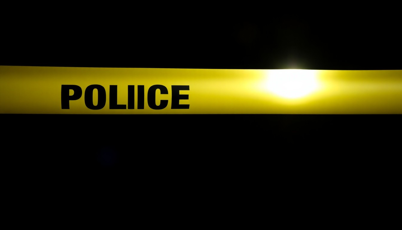 An extreme close-up photograph of police tape or a police radio against a pitch-black background, lit by a harsh, direct camera flash, conceptually representing the tense, investigative nature of the police response.