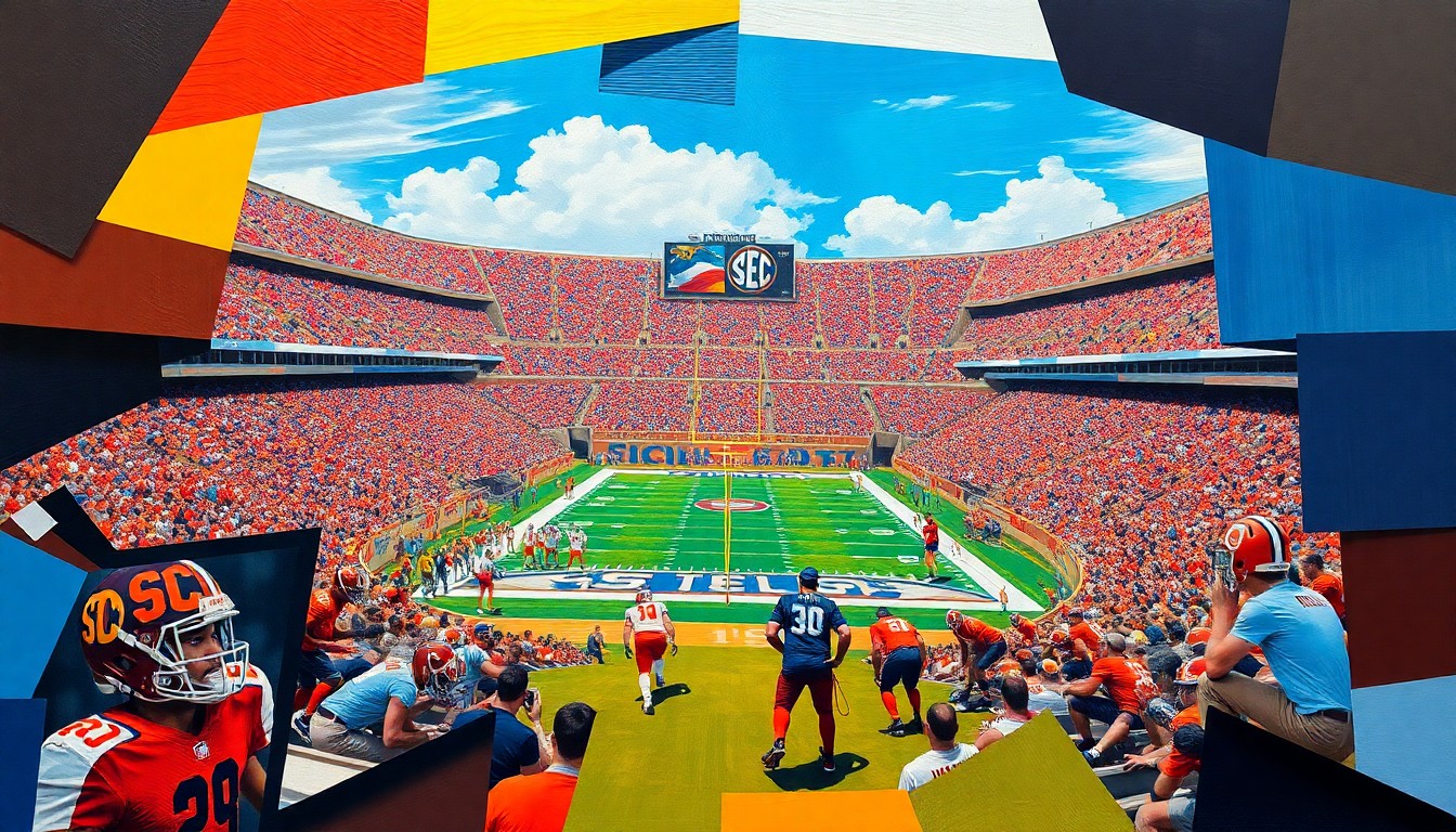A cubist, geometric illustration depicting a fragmented college football stadium and players on the field, with vibrant colors representing SEC team uniforms and logos.