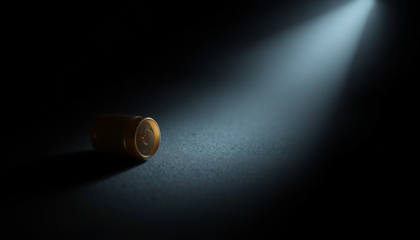 An extreme close-up of a small, metallic object against a pitch-black background, conceptually representing physical evidence from a crime scene and the gritty, investigative nature of the incident.