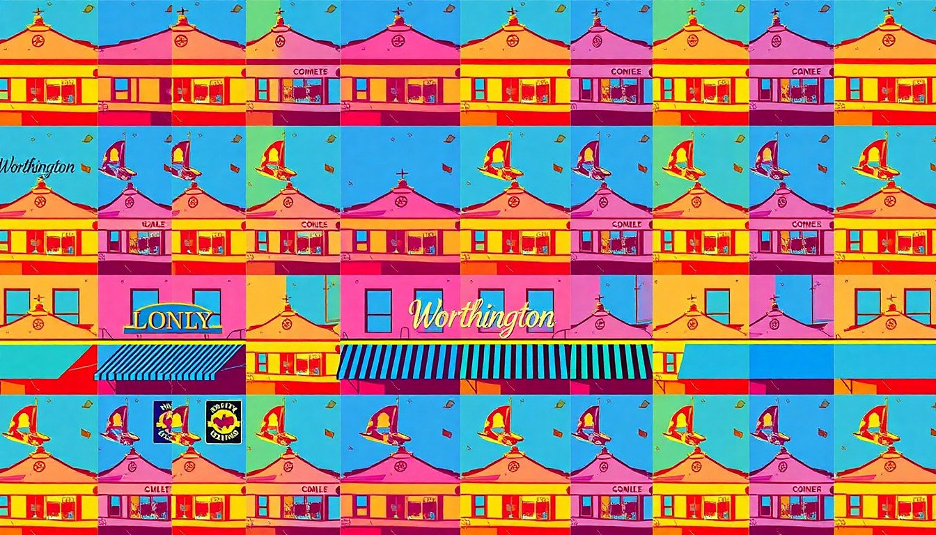 A highly stylized, pop art-inspired illustration featuring a repeating grid of a single iconic Worthington landmark or local business, rendered in bold, neon-like colors and heavy black outlines to capture the town's unique character and community spirit.