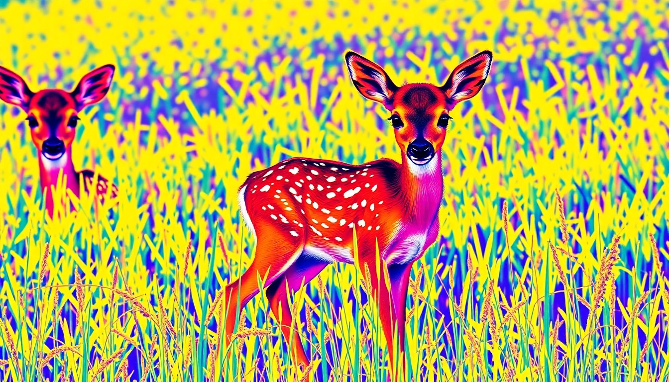 A grid of brightly colored, high-contrast silkscreen images of a baby deer nestled in tall grass, rendered in a bold, abstract pop art style with heavy black outlines and overlapping neon hues.