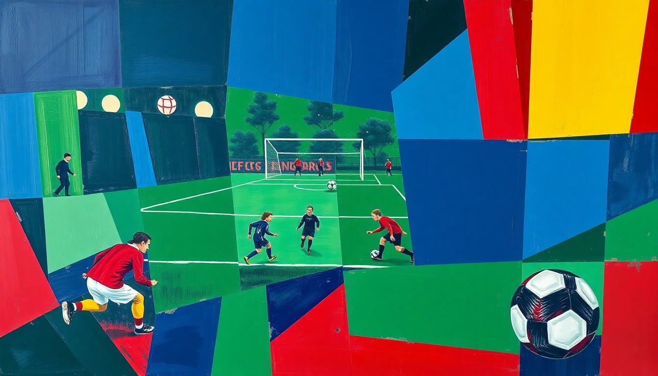 A cubist-style painting depicting a high school soccer match, with the players and field broken down into overlapping geometric shapes in navy, green, and red, conveying the intensity and drama of the regional final.