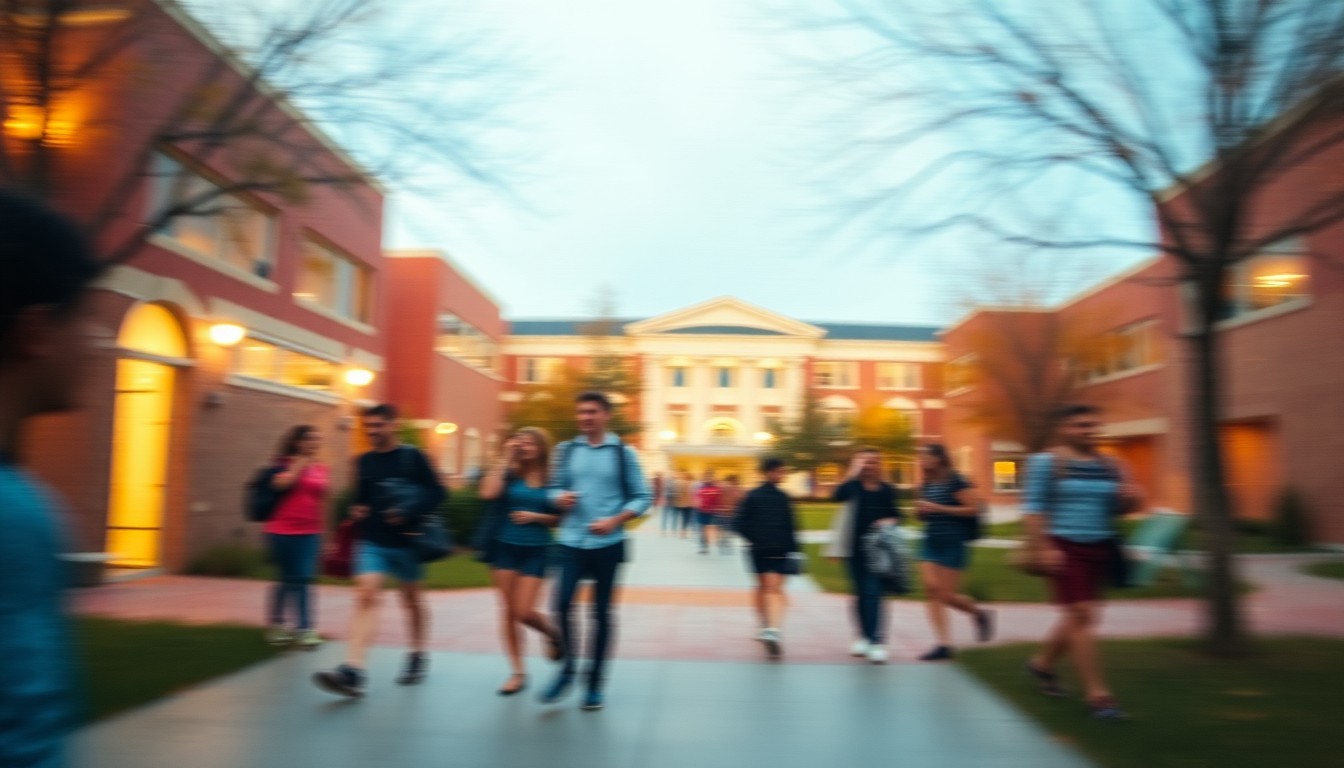 An extremely abstracted, out-of-focus photograph in warm tones depicting the blurred scene of a community college campus, with students walking, studying, and interacting, conveying a sense of community and educational opportunity.