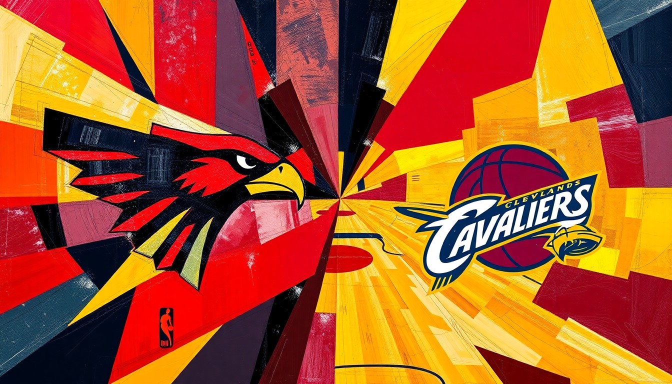 A fractured, multi-perspective painting depicting the action and energy of a basketball game between the Atlanta Hawks and Cleveland Cavaliers, with the teams' official colors of red, gold, black, wine, and navy creating a dynamic, kinetic composition.