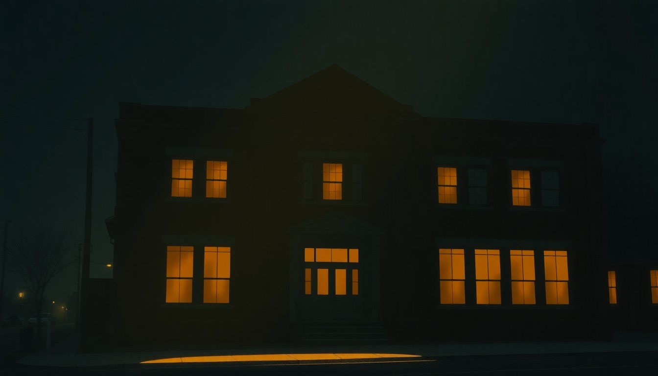 A serene, photorealistic painting of a government building in warm, golden light, conveying a sense of civic duty and community.