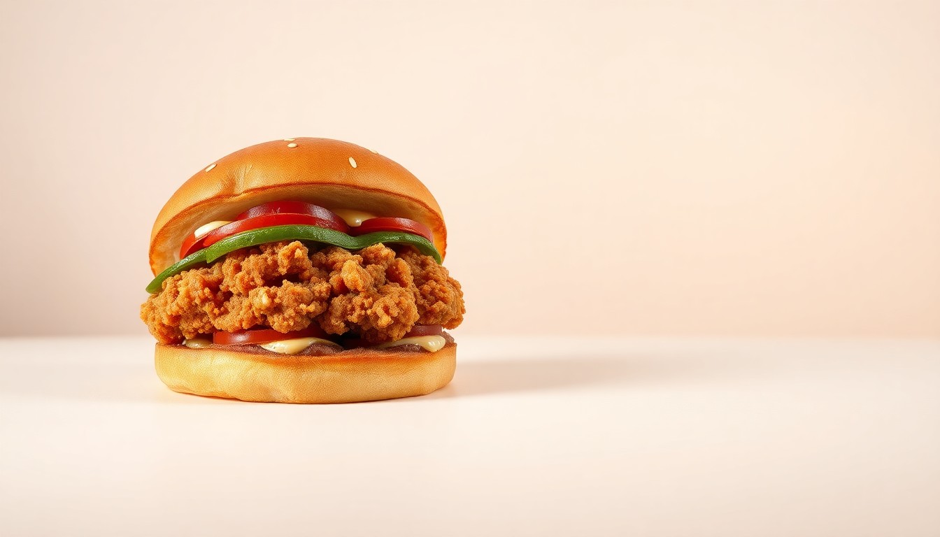 A photorealistic studio still-life photograph featuring a gourmet fried chicken sandwich with a golden-brown breaded exterior, juicy white meat, and artisanal toppings arranged elegantly on a clean, monochromatic background, conceptually representing the craftsmanship and quality of Hencraft's new menu item.