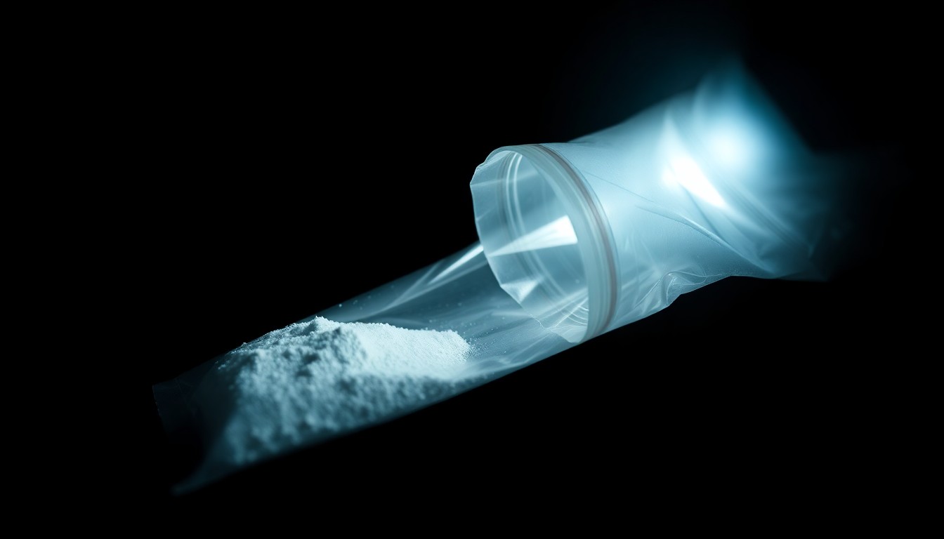An extreme close-up photograph of a small plastic bag containing white powder, lit by a harsh, direct camera flash against a pitch-black background, conceptually representing the evidence found in a home where a child overdosed.