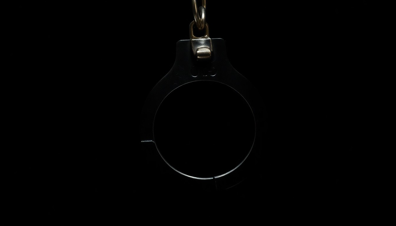An extreme close-up photograph of a metal handcuff lock, the harsh flash lighting creating a stark, gritty, and investigative aesthetic that conceptually represents the apprehension of violent criminal suspects.