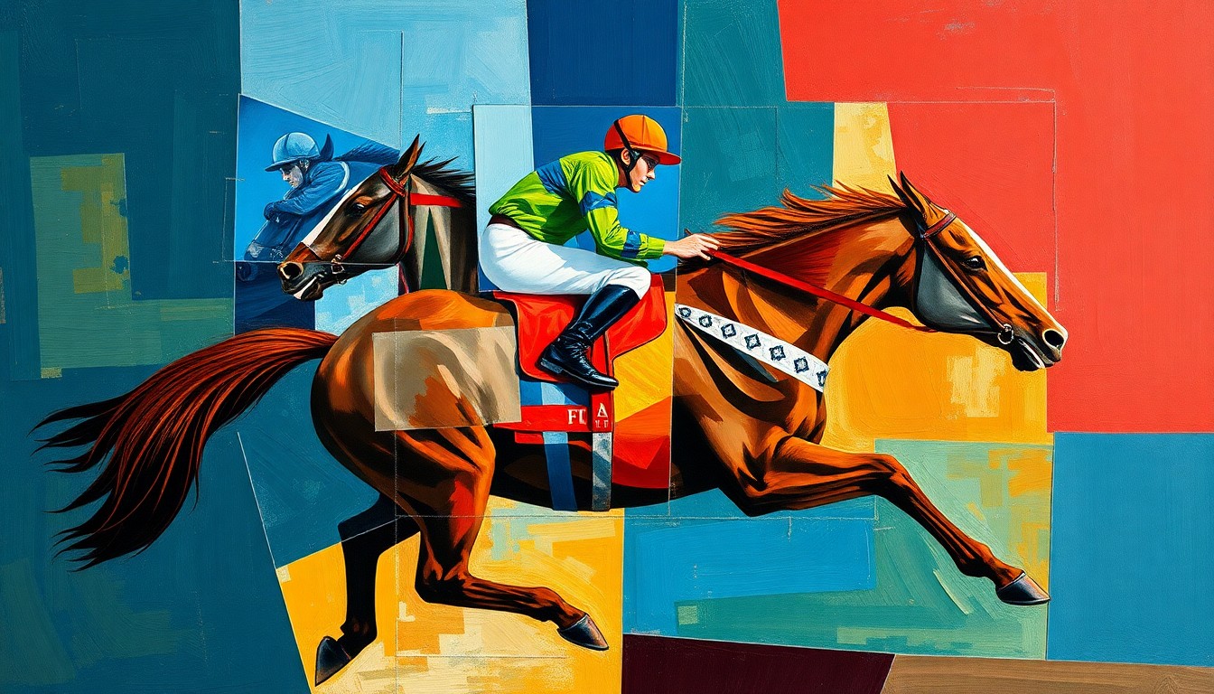 A fractured, multi-perspective painting depicting a jockey riding a racehorse, with the figures broken down into sharp, overlapping geometric planes in a palette of deep blues, earthy browns, and vibrant reds, conveying the challenging nature of Reyes' comeback.
