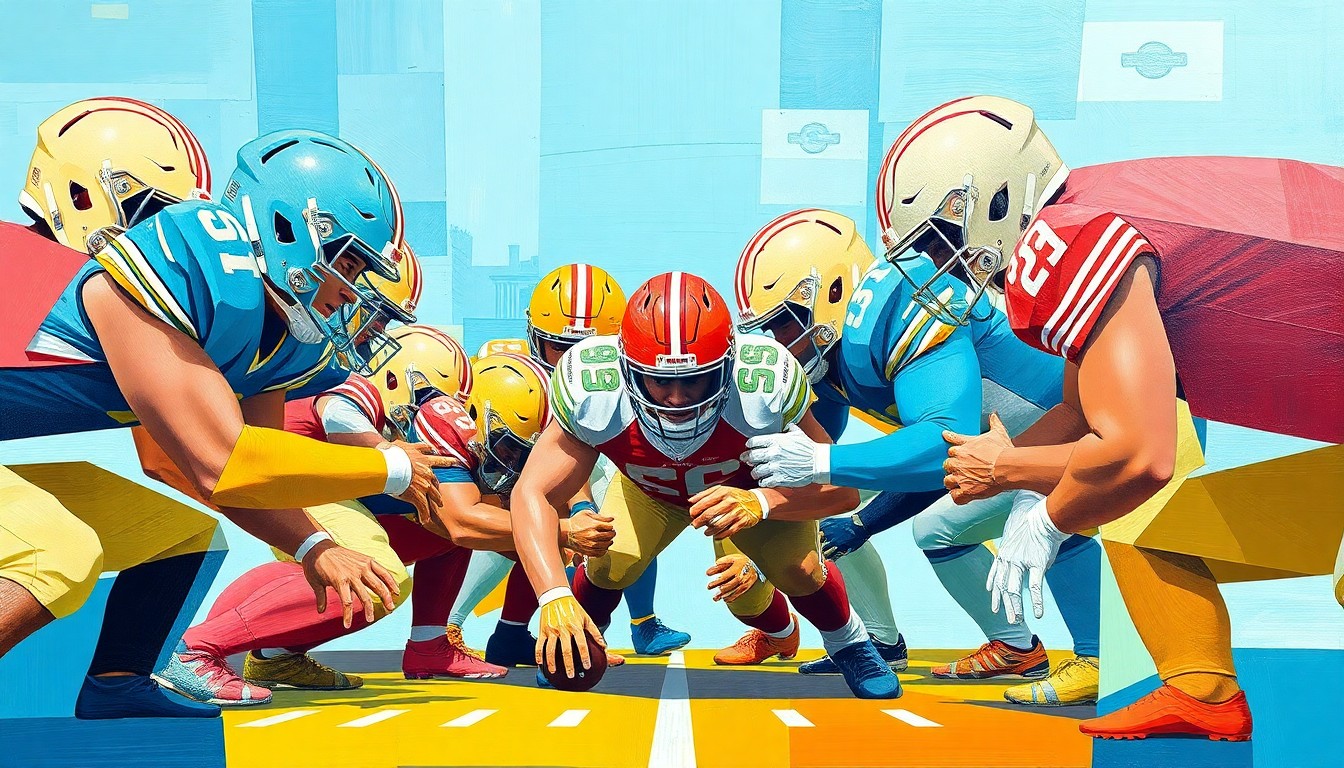 A cubist, geometric painting depicting an abstract football offensive line, with sharp planes of aqua, coral, and yellow overlapping to create a dynamic, fragmented visual representation of the sport.