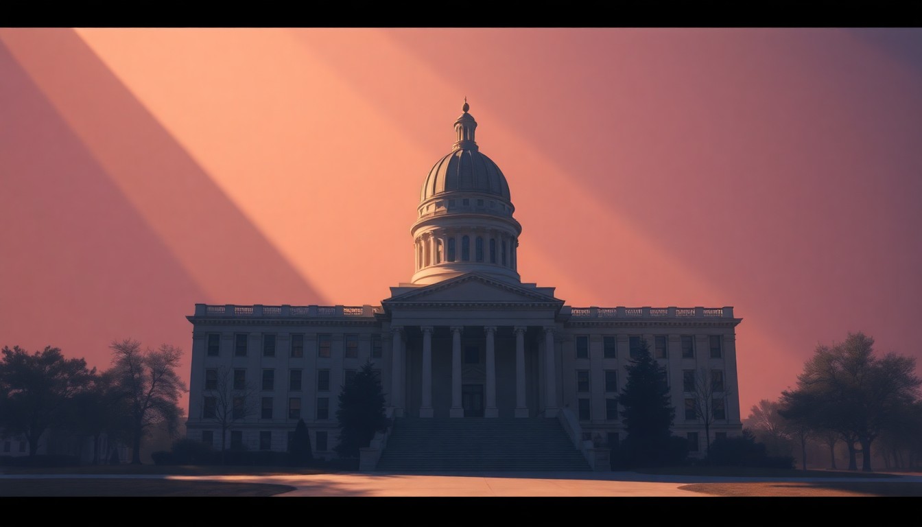 A serene, cinematic painting of the Nevada state capitol building, with warm sunlight casting long shadows across the structure's facade, conveying the contemplative mood of the upcoming governor's race.