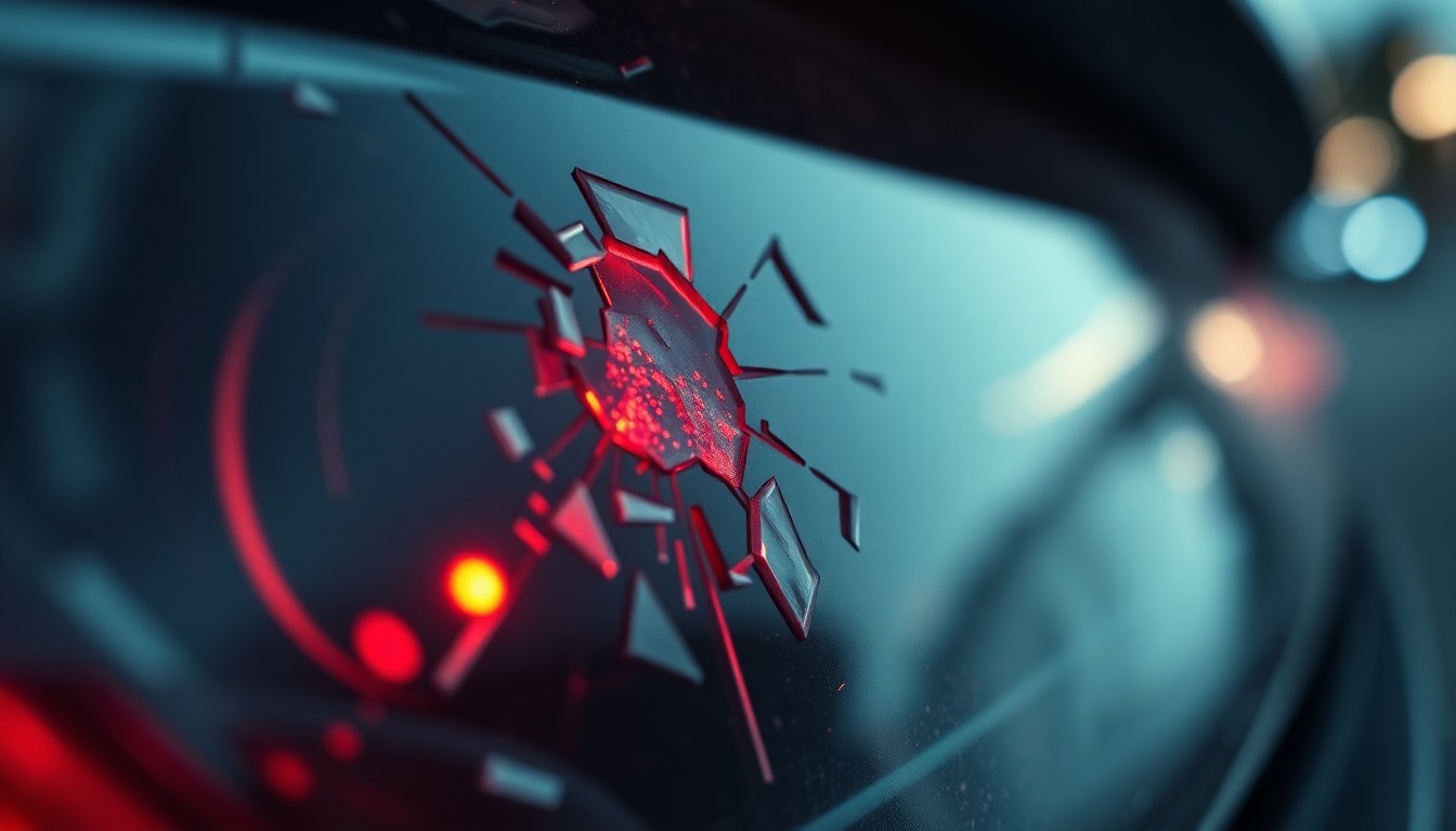 An extreme close-up of a shattered car sensor lens reflecting a faint red light, conceptually illustrating the vandalism of self-driving cars.