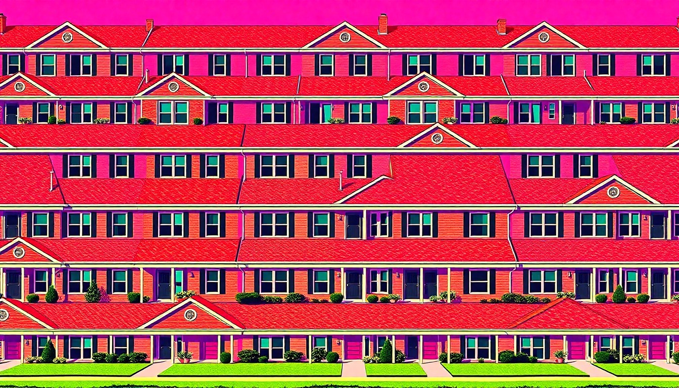 A bold, abstract grid of brightly colored home exteriors in neon shades of pink, orange, and blue, conceptually representing the launch of a new suburban housing development.