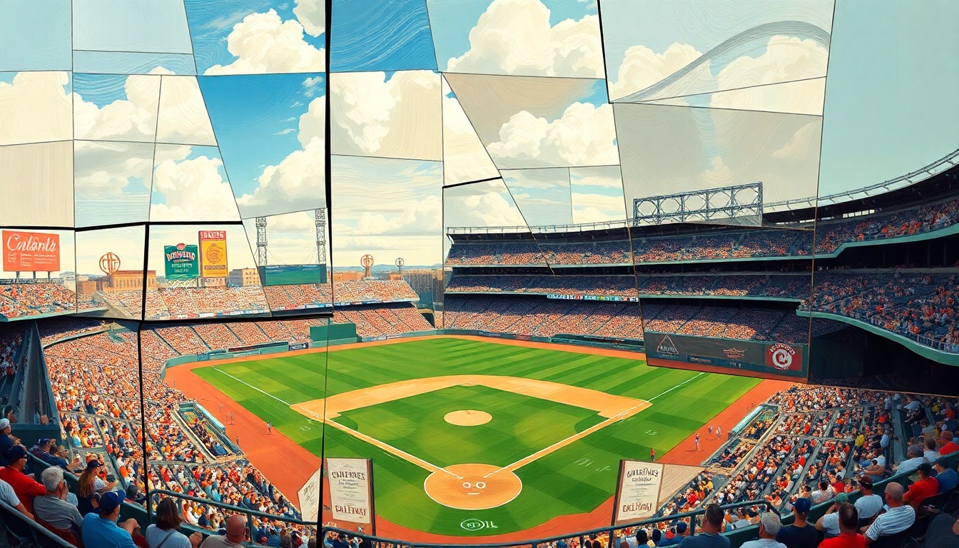 A cubist, geometric painting depicting a minor league baseball stadium scene, with overlapping planes of color and shape representing the various elements of the game and fan experience.