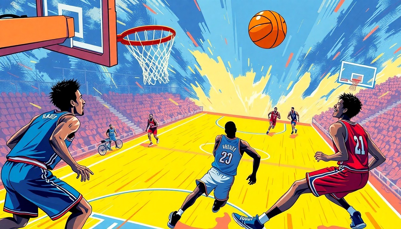 A dynamic, colorful illustration depicting a basketball game in progress, with players in motion and the ball in flight, capturing the intensity and energy of the sport.