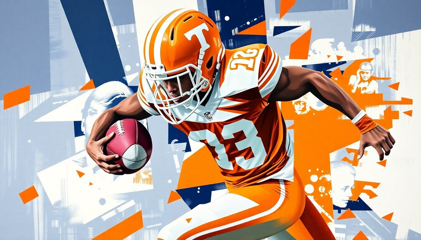 A cubist-style painting depicting a football player in motion, broken down into overlapping geometric shapes and planes in shades of orange, white, and navy blue.