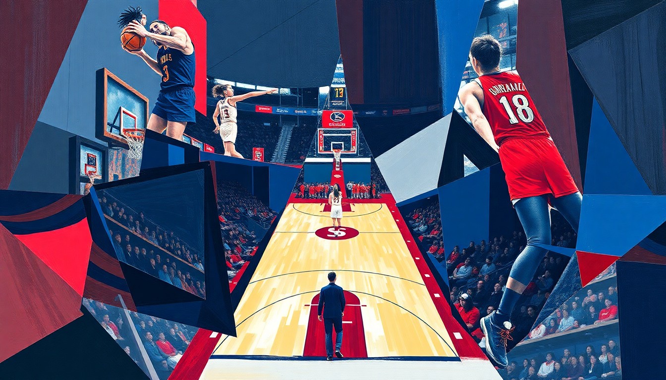 A cubist, geometric painting depicting the fragmented action of a women's college basketball game, with sharp planes of navy, red, and white representing the sport's intensity and Okot's absence.