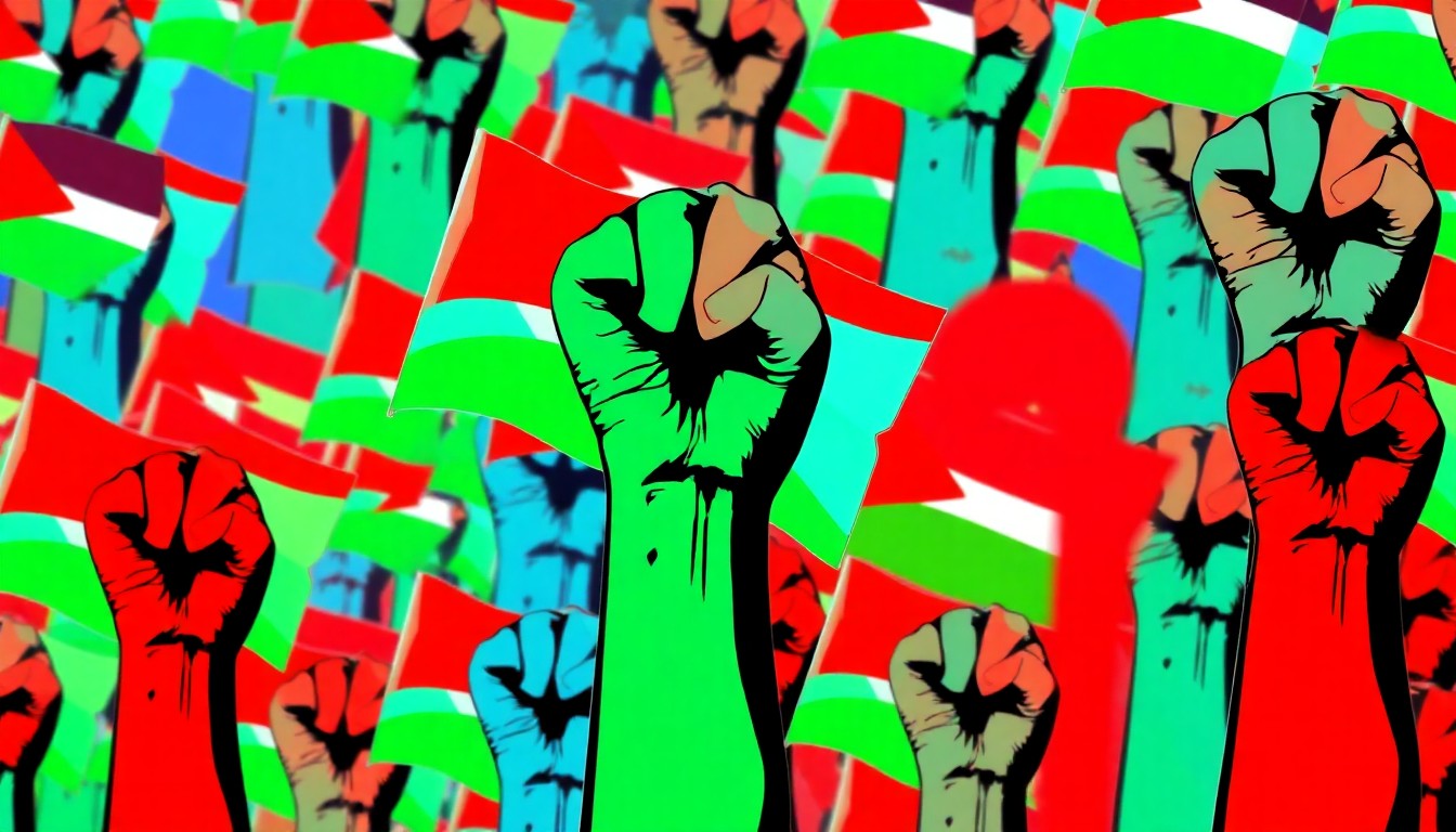 A brightly colored, high-contrast silkscreen print of a raised fist holding a Palestinian flag, repeated in a tight grid pattern, capturing the energy and passion of a grassroots protest for social justice.