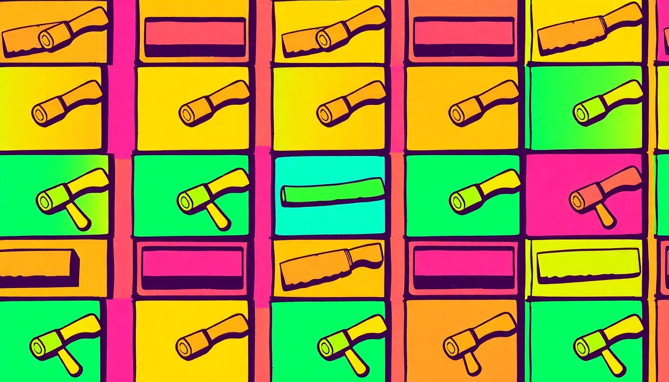 A high-contrast silkscreen print composed of a repeated pattern of brightly colored block printing tools, including carved blocks, ink rollers, and paper, rendered in a bold, pop art style without any text or labels.