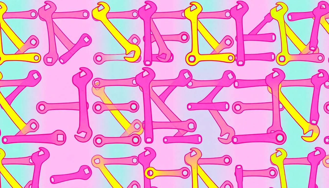 A brightly colored, high-contrast silkscreen print of a single, iconic HVAC tool like a wrench or screwdriver, repeated in a tight grid pattern in vibrant neon colors with heavy black outlines, conceptually representing the recognition of an exceptional HVAC student's achievements.