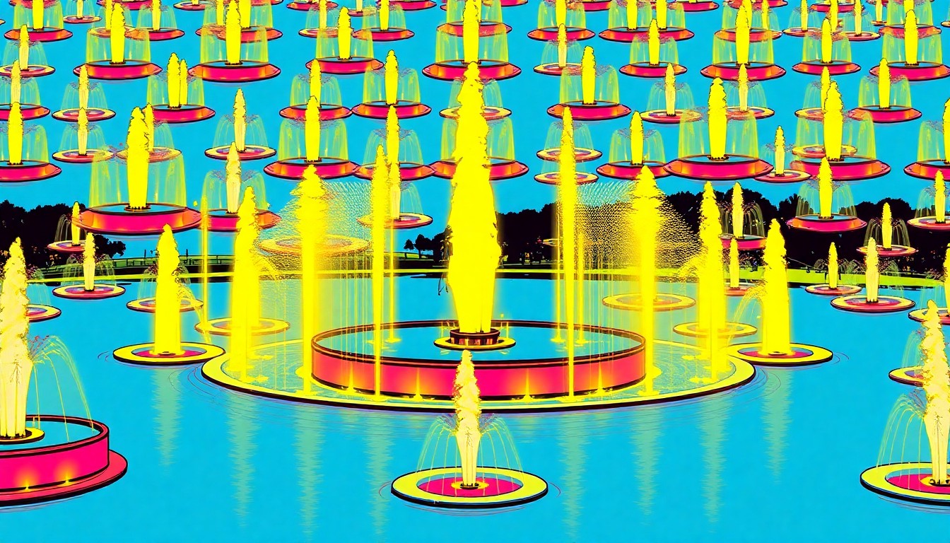 A brightly colored, high-contrast silkscreen print of the iconic Point State Park fountain repeated in a tight grid pattern, utilizing flat, vibrant, and unnatural neon color palettes overlapping with heavy black photographic outlines to turn this everyday Pittsburgh landmark into modern pop art.