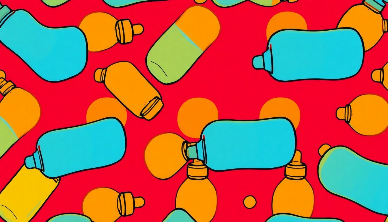 A high-contrast silkscreen print of a baby bottle repeated in a tight grid pattern, rendered in a vibrant neon color palette with heavy black outlines, conceptually representing the themes of stolen children and fractured families explored in the novel.