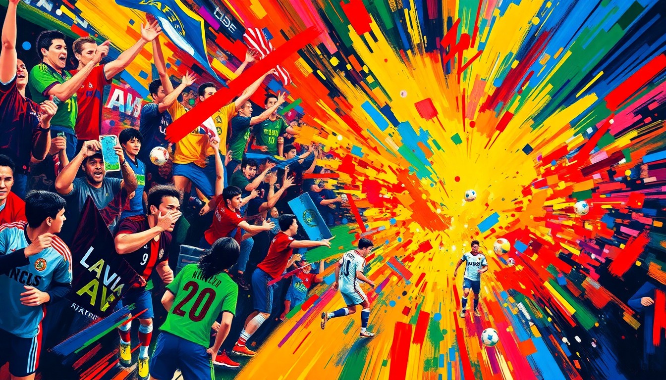An abstract, expressionist painting in vibrant neon colors depicting the raw energy and tension of a heated soccer match, with players and fans blending into a frenetic, colorful scene.