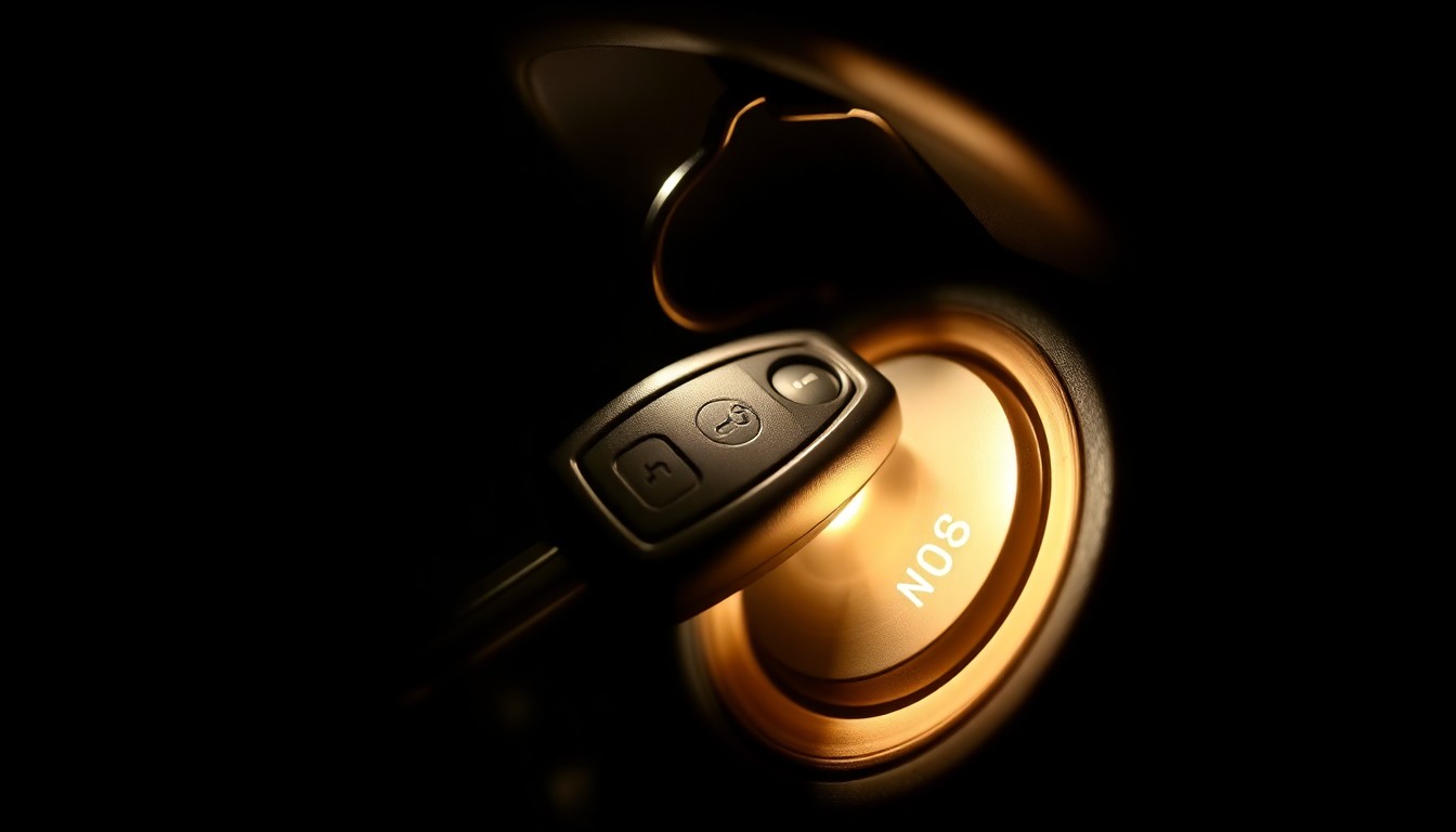 An extreme close-up photograph of a car key and ignition switch lit by a harsh, direct camera flash against a pitch-black background, conceptually representing the consequences of drunk driving.