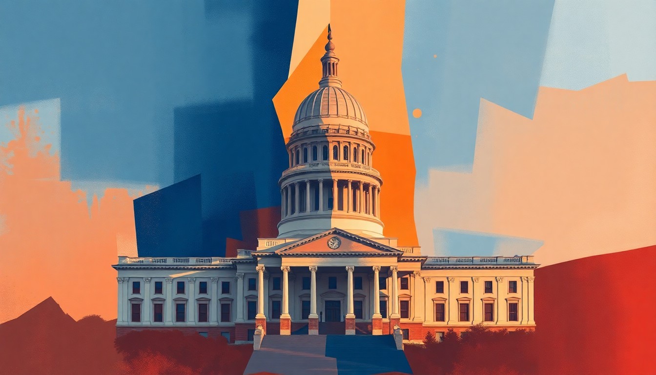 A fractured, abstract painting in shades of blue, orange, and pink depicting the Texas state capitol building, conveying a sense of political turbulence and division.
