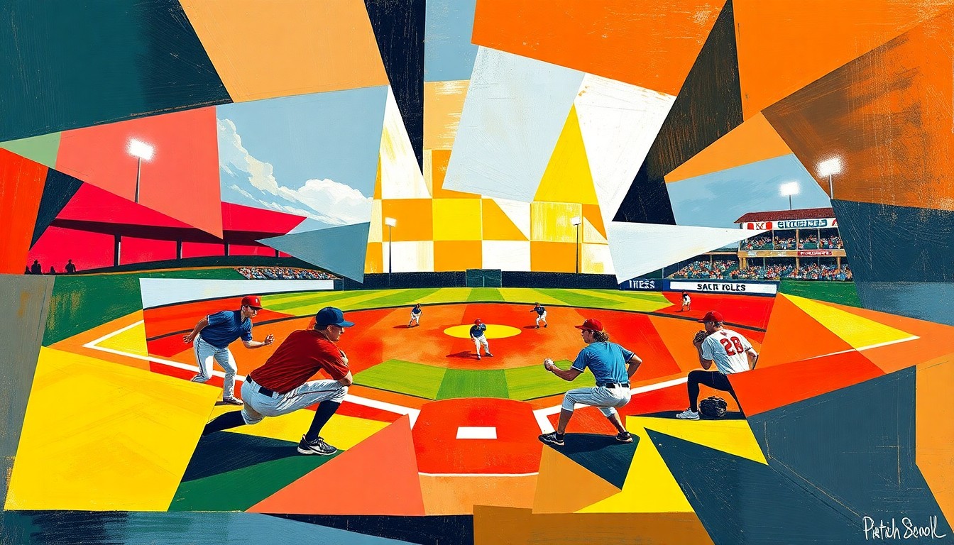 A fragmented, geometric painting depicting a high school softball game, with sharp planes of color representing the players, field, and equipment.