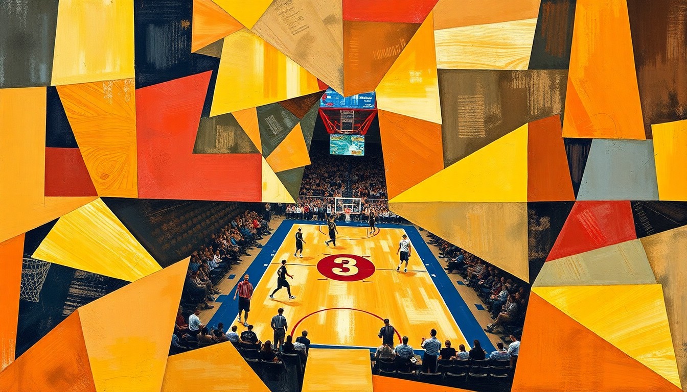 A cubist, geometric painting depicting fragmented, overlapping scenes of a college basketball game, capturing the dynamic energy and movement of the sport.