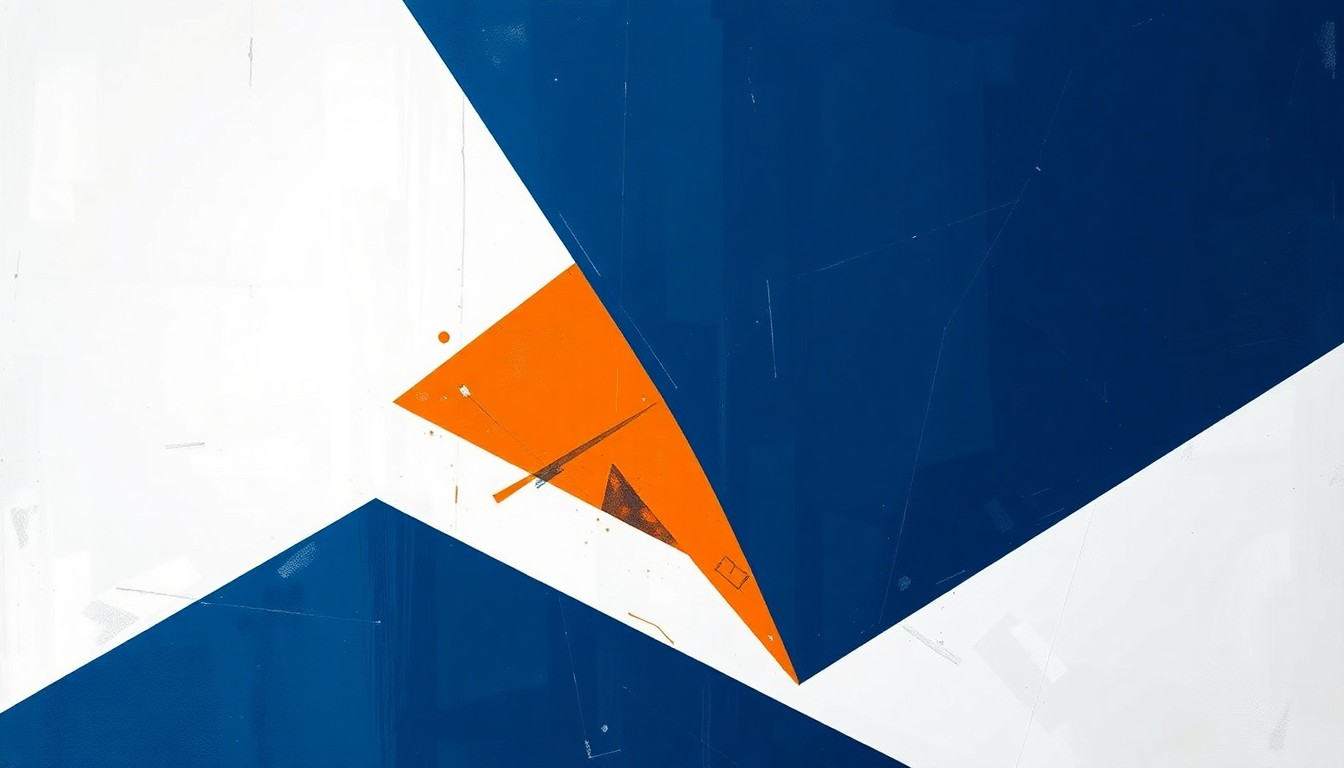 A fragmented, geometric painting depicting a college football game or match, with sharp, overlapping planes of navy blue, burnt orange, and white, capturing the dynamic energy and multiple perspectives of the sport.