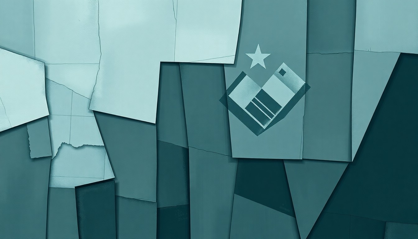 A fragmented, abstract painting featuring overlapping geometric shapes and lines in shades of blue, gray, and brown, conceptually representing the complex and fractured politics of immigration policy in Idaho.