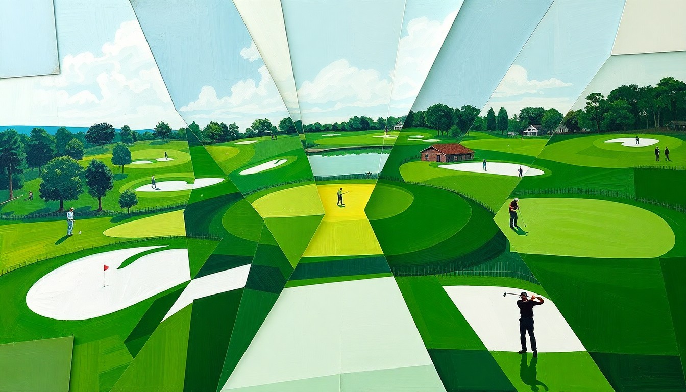 A cubist, geometric painting depicting the 2026 Masters golf tournament, with overlapping shapes and planes representing the fairways, bunkers, and silhouettes of players in motion.