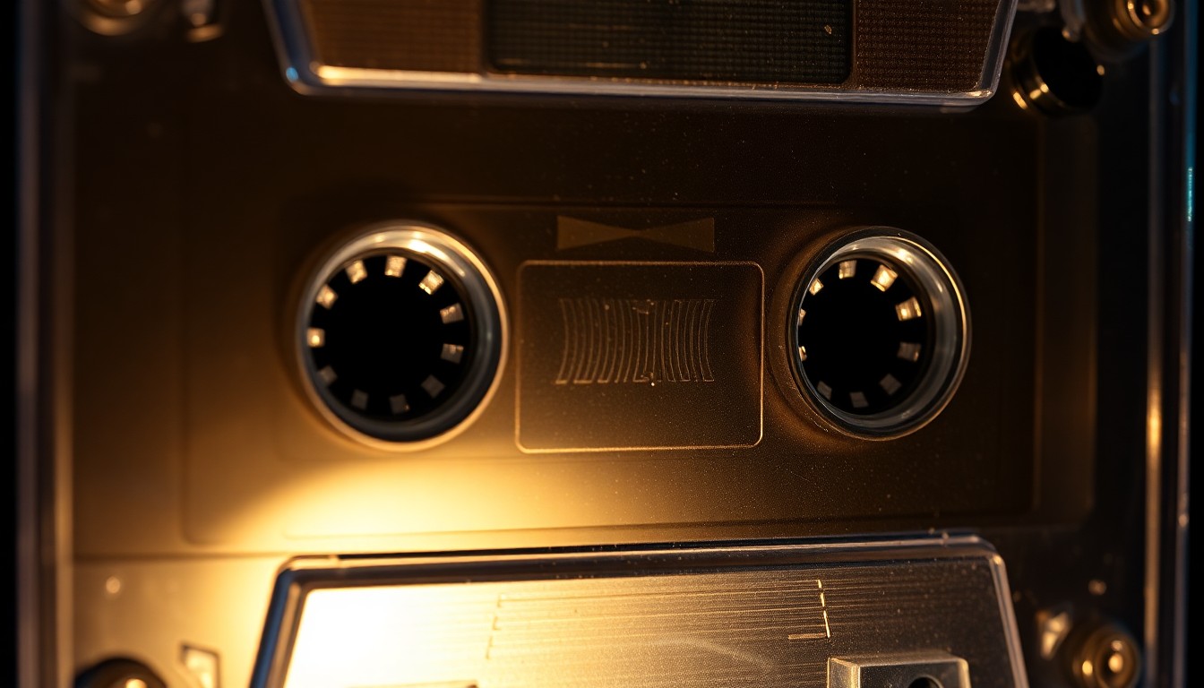 An extreme close-up photograph of a vintage cassette tape, the worn plastic and metal components reflecting dramatic studio lighting to create a high-contrast, glamorous texture that conceptually represents the preservation of musical history.