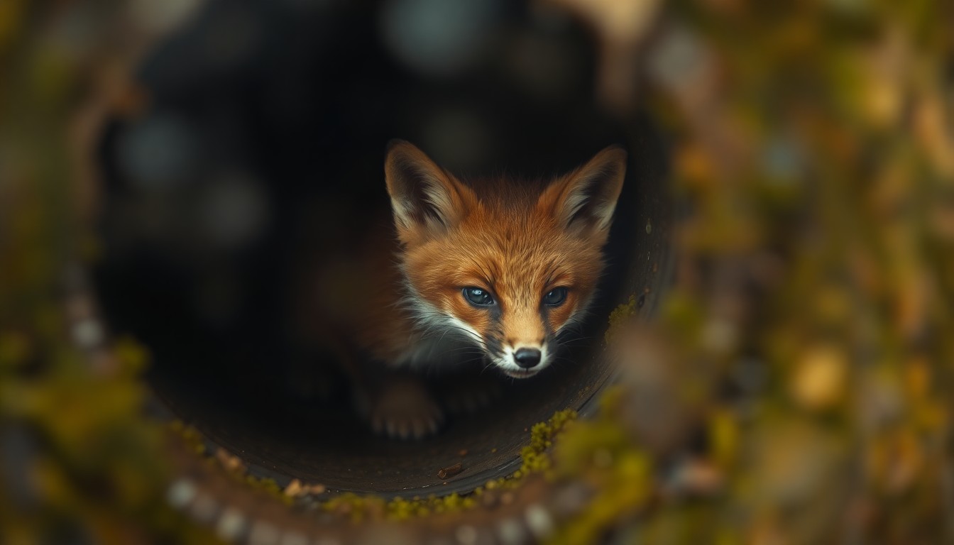 An impressionistic, out-of-focus photograph depicting the blurred silhouette of a small fox kit peeking out from the dark opening of a drain pipe, surrounded by a hazy, dreamlike wash of warm, earthy tones.