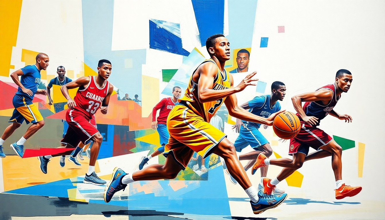A cubist, geometric painting depicting a college basketball player in motion, with sharp, overlapping planes of color representing the player's movement and the dynamic nature of the transfer process.