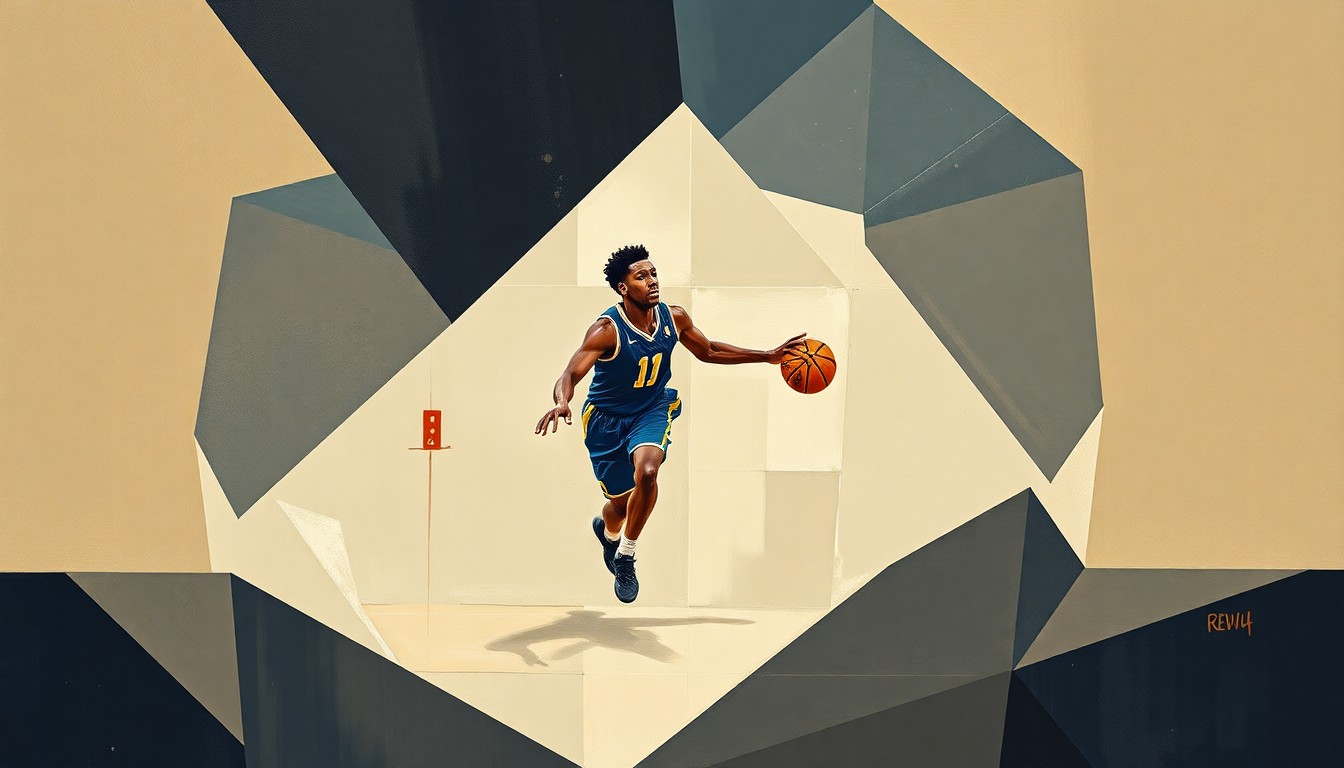 A cubist-style painting depicting a college basketball player in motion, broken down into sharp, overlapping geometric shapes in muted earth tones and blues, conceptually representing the fluidity of the modern transfer landscape.