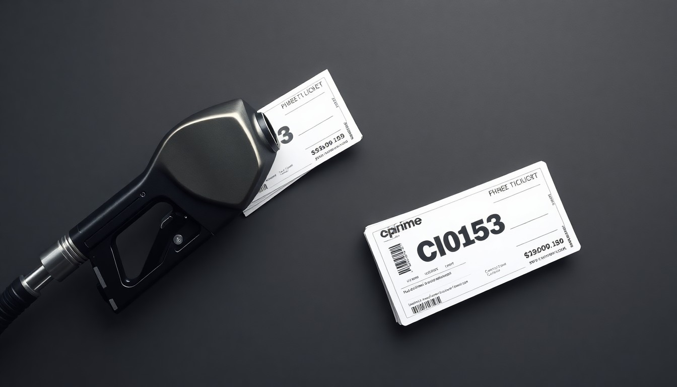 A minimalist studio still life photograph featuring a sleek metallic fuel pump nozzle and a stack of crisp airline tickets, symbolizing the impact of rising fuel costs on the airline industry.