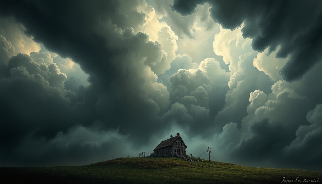 A sweeping, atmospheric landscape painting in muted tones of grey, blue, and brown, with a small, damaged house barely visible in the foreground, dwarfed by the dramatic, swirling clouds and heavy fog that fill the sky above.