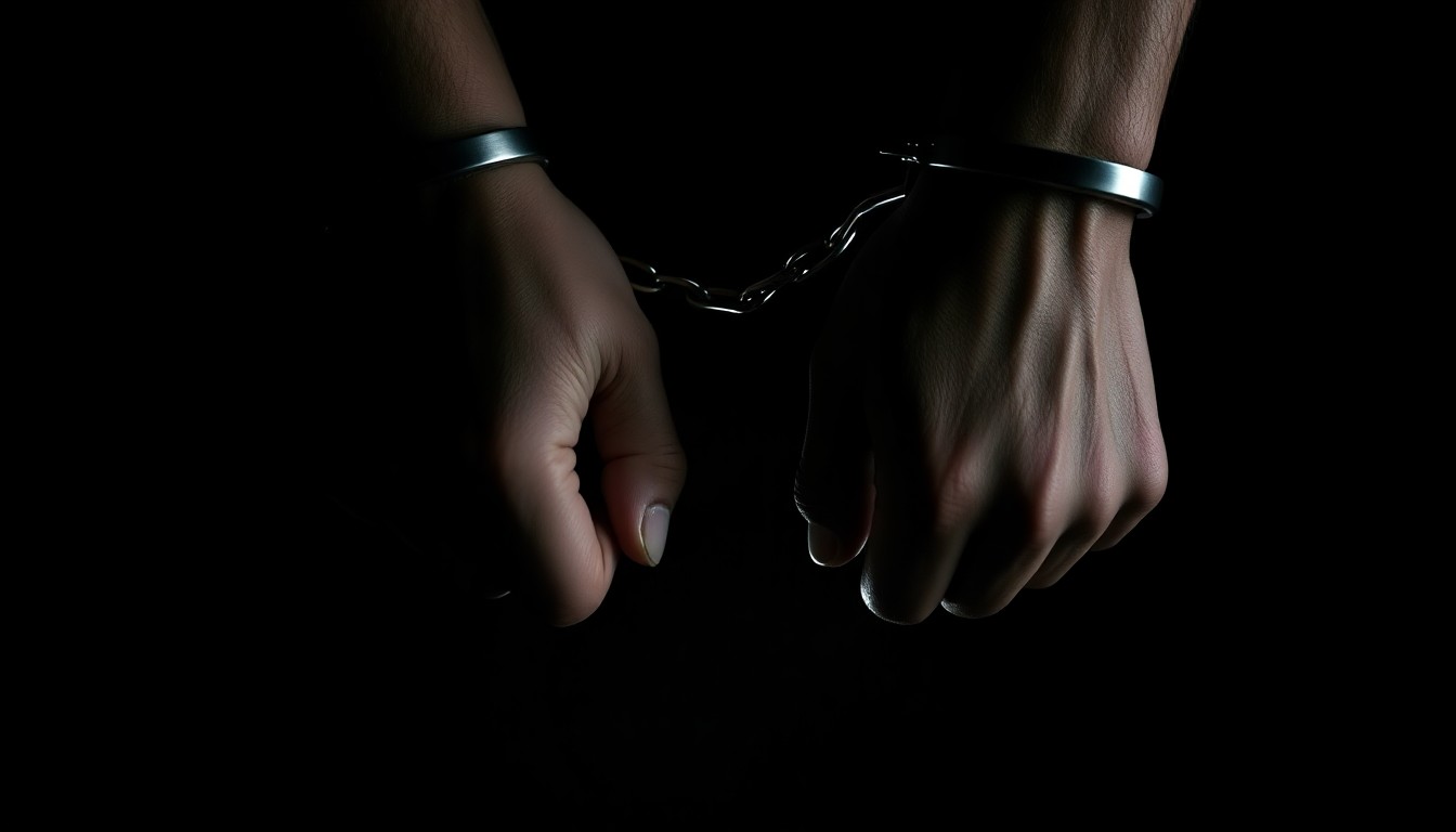 An extreme close-up photograph of a pair of handcuffed wrists against a pitch-black background, creating a stark, gritty, investigative aesthetic that conceptually represents the serious consequences faced by an adult convicted of sexually assaulting a child.