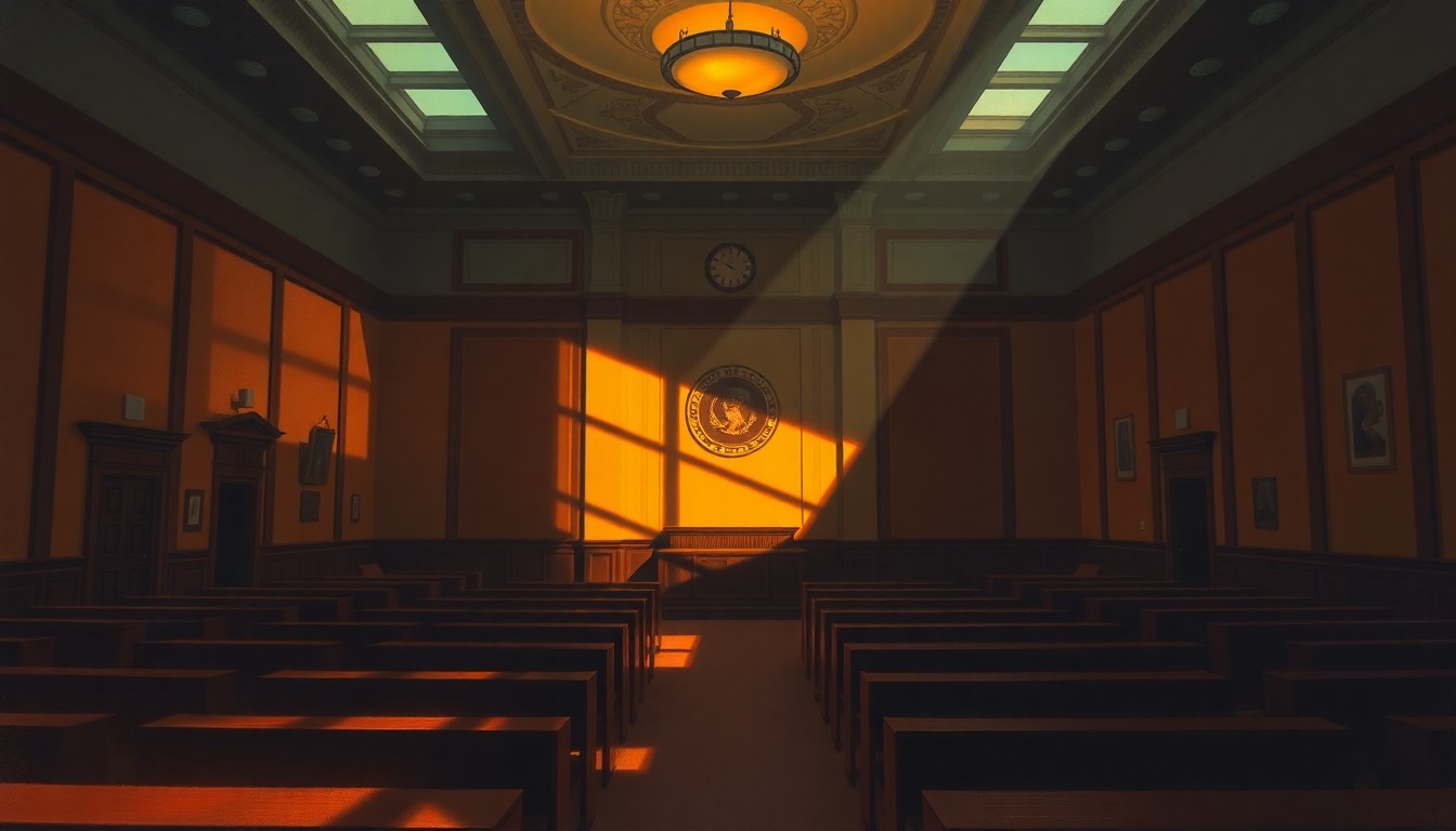 A dimly lit, cinematic painting of an empty city council chamber, with sunlight streaming in through the windows and casting long shadows across the room, conveying a sense of contemplation and the weight of the budget decisions facing the local government.