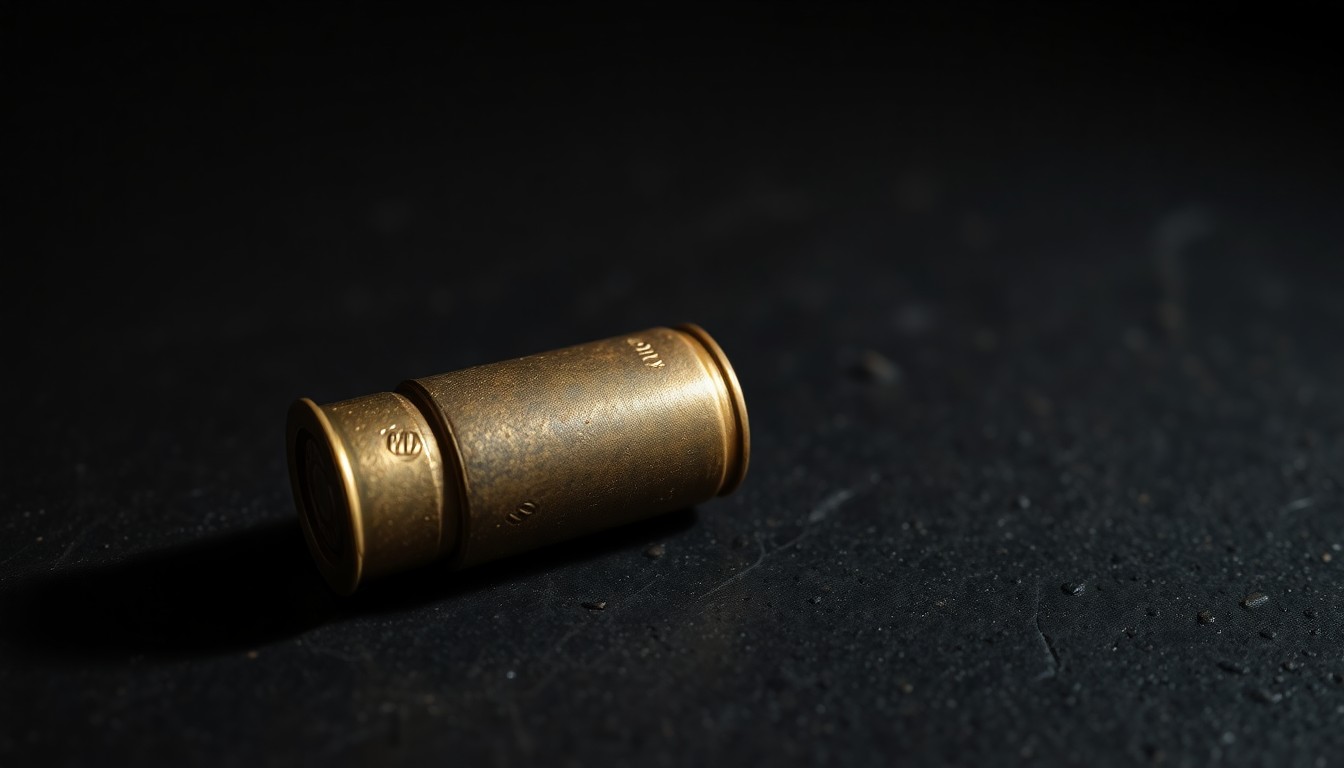 An extreme close-up photograph of a spent shell casing on a dark, textured surface, conceptually illustrating the aftermath of a targeted shooting incident.
