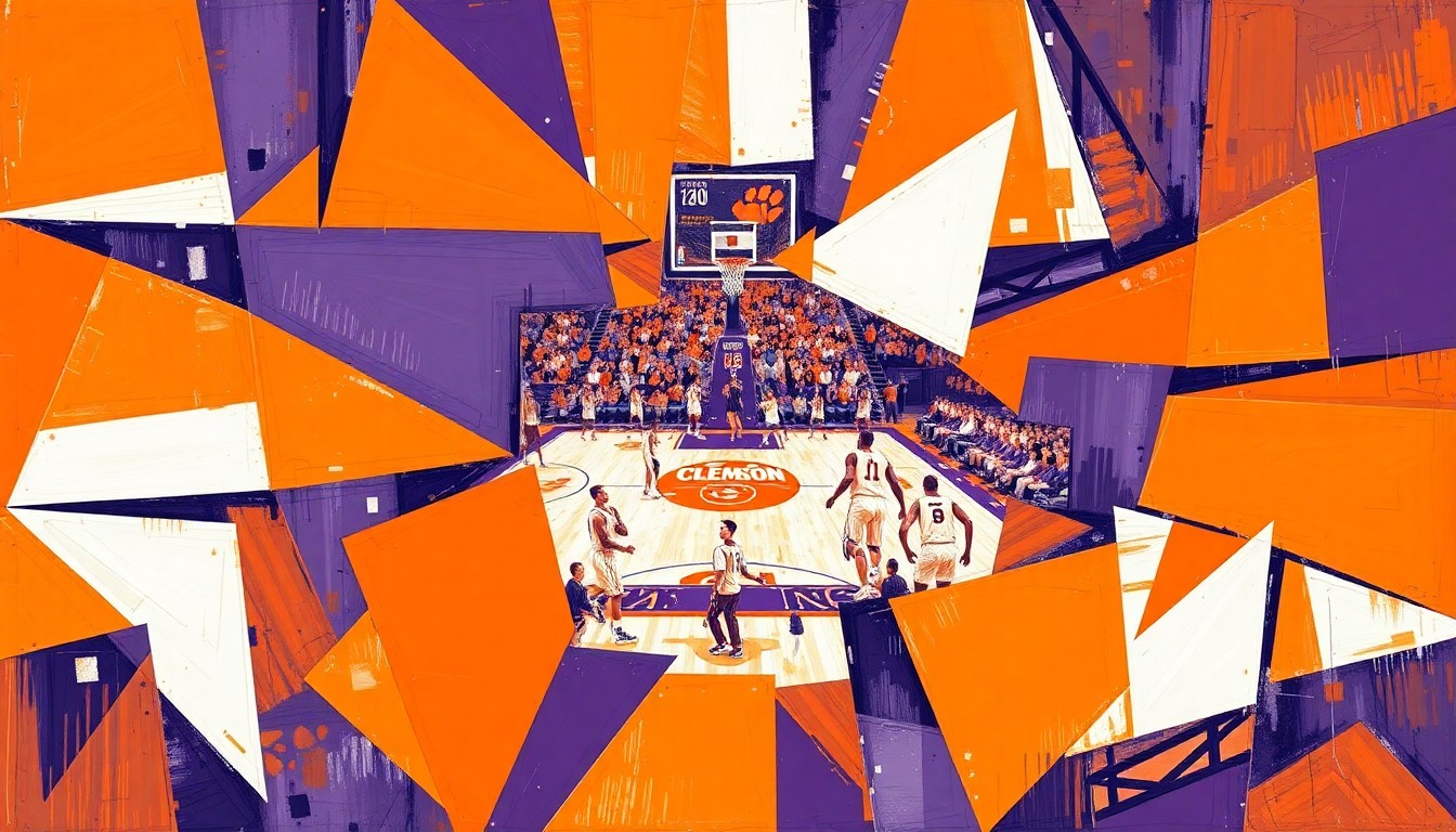 A cubist, geometric painting featuring overlapping planes of Clemson's signature orange, purple, and white colors, conceptually representing the team's efforts to rebuild its coaching staff and roster through the transfer portal.