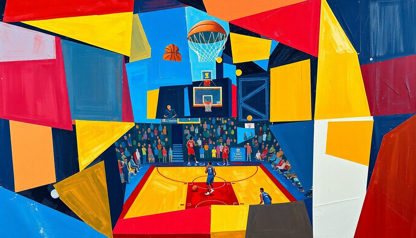 A fragmented, geometric painting in bold colors depicting basketball players in motion, conveying the analytical nature of the player prop picks.
