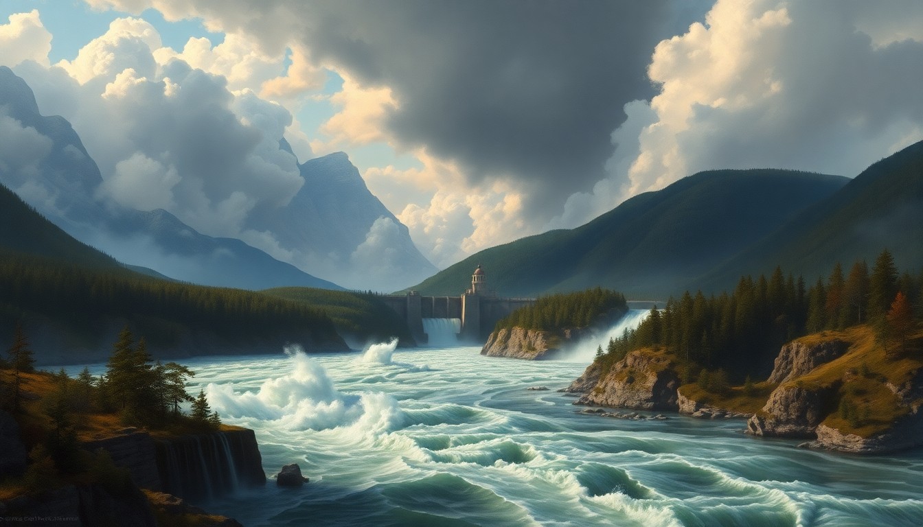 A sweeping, atmospheric landscape painting depicting a towering, swollen river with the faint outline of an aging dam barely visible in the distance, conveying the overwhelming power of nature and the vulnerability of man-made structures.