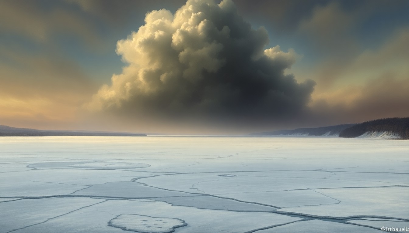 A sweeping, atmospheric landscape painting in muted tones of white, grey, and blue, with a distant dam structure barely visible amidst the vast, frozen expanse and ominous cloud formations overhead, conveying the overwhelming power of nature.