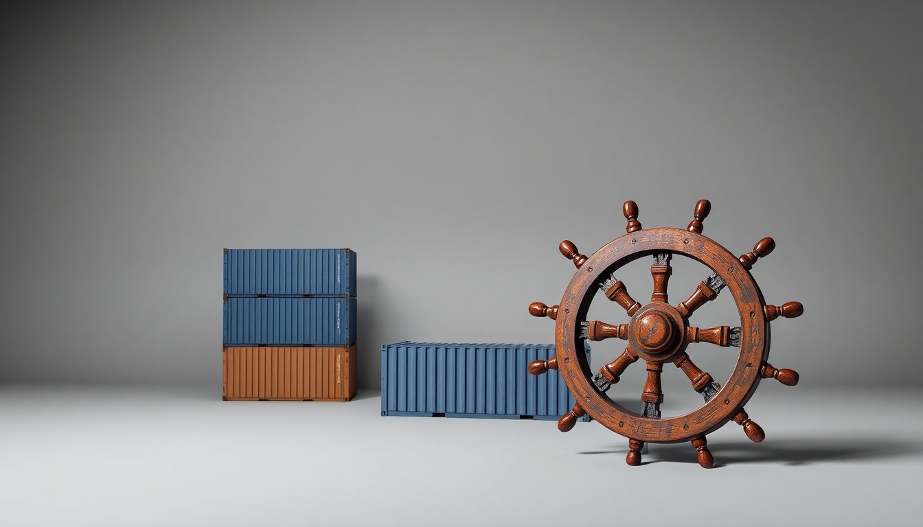 A photorealistic studio still life featuring a stack of metal shipping containers, a wooden ship's wheel, and a brass compass rose arranged elegantly on a clean grey background, conceptually representing the abstract forces of global trade and logistics.