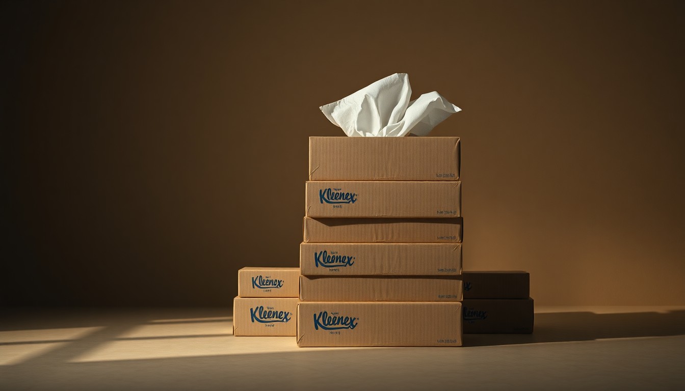 A photorealistic studio still life showing a stack of Kleenex tissue boxes in muted earth tones, with dramatic shadows and lighting to convey a sense of disruption and uncertainty.