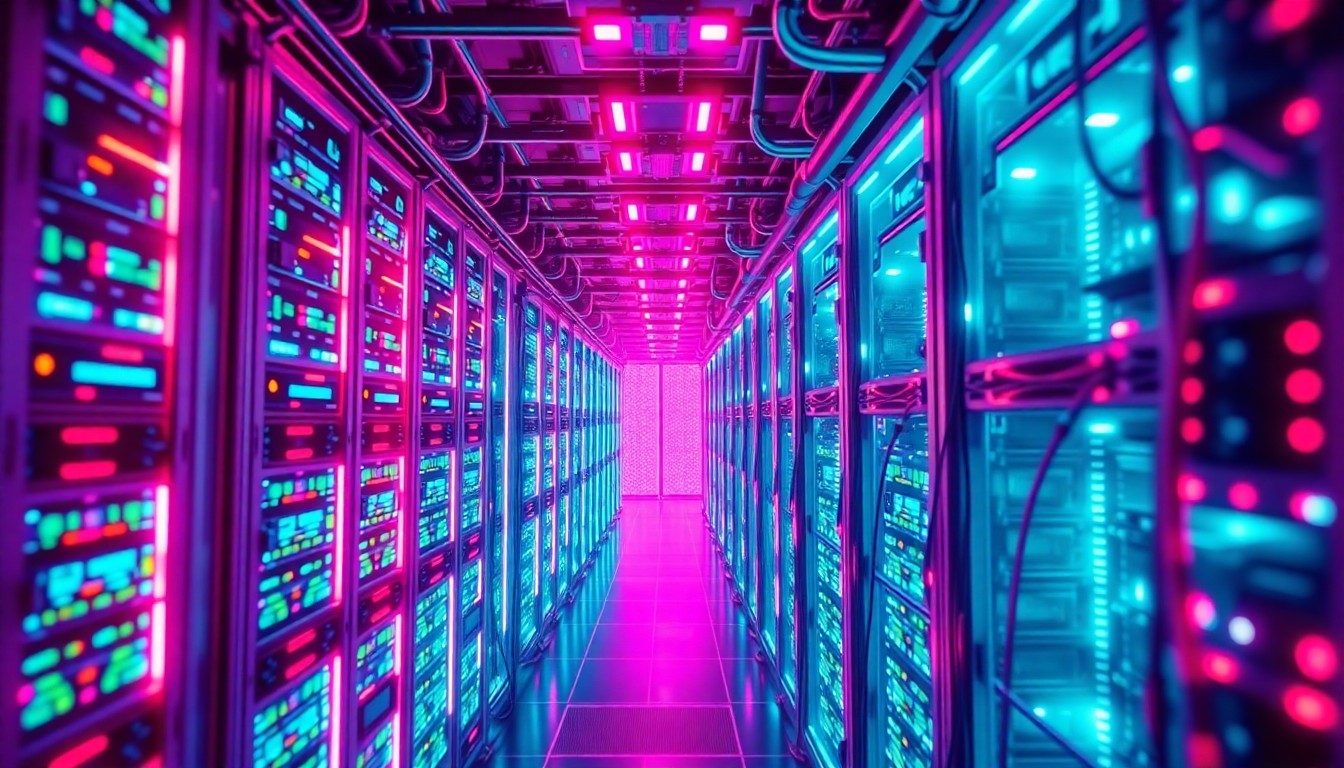 A highly detailed, glowing 3D illustration of a futuristic data center or cloud computing infrastructure, with neon cyan and magenta lights illuminating the intricate network of servers, cables, and digital components, conceptually representing the technological advancements driving New York's digital entertainment transformation.